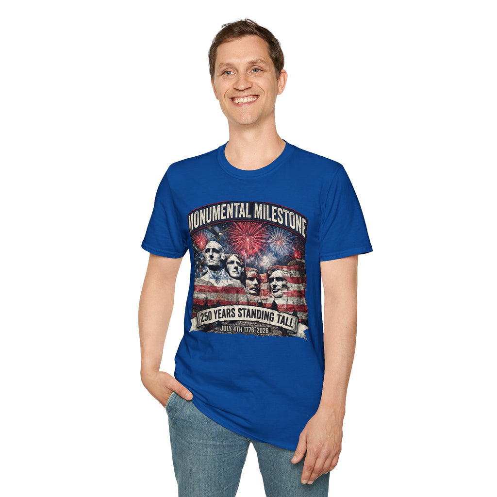 Mount Rushmore 250th Anniversary T-Shirt – "Monumental Milestone" Patriotic Fireworks Tee