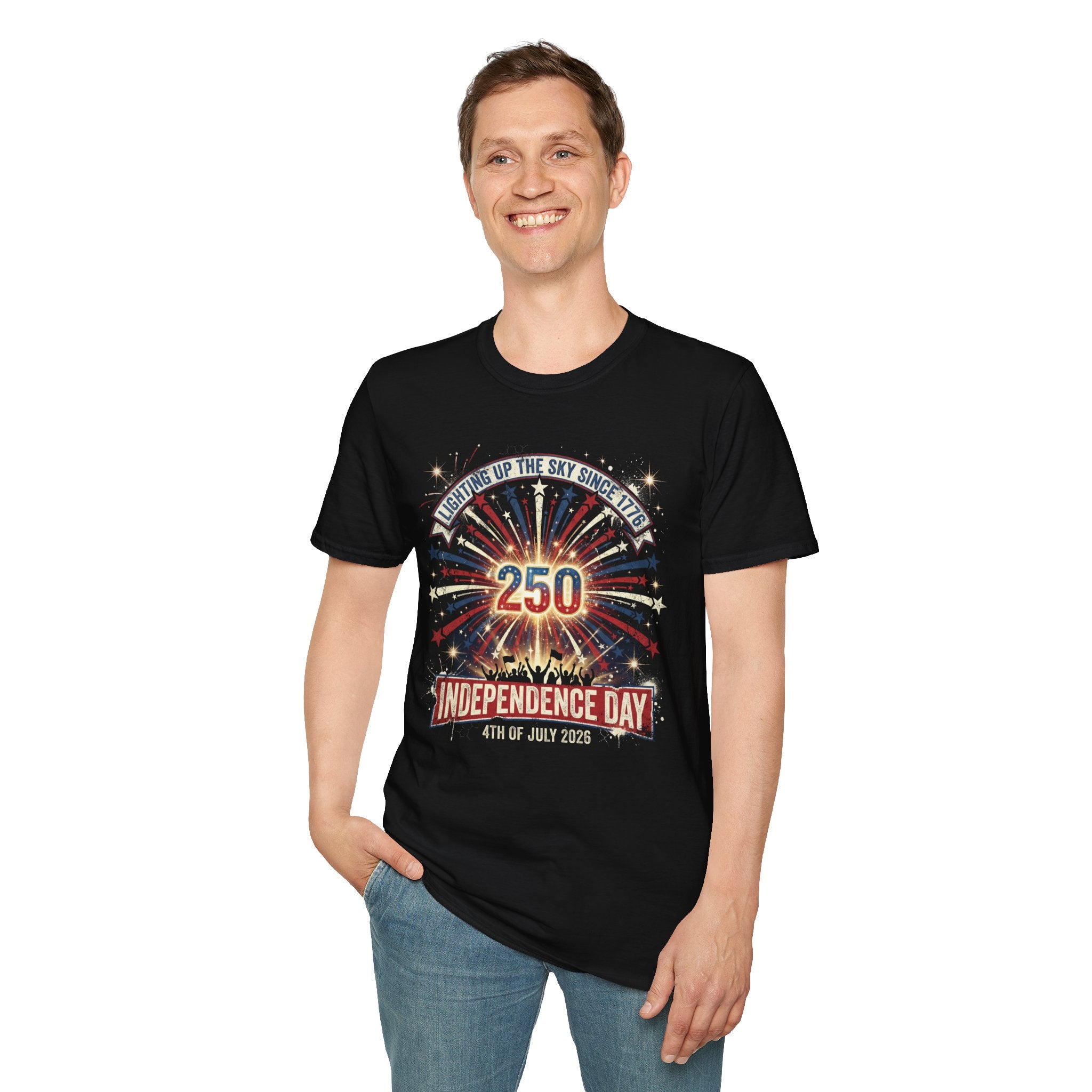 Independence Day 250th Celebration T-Shirt — "Lighting Up the Sky Since 1776" Patriotic Tee