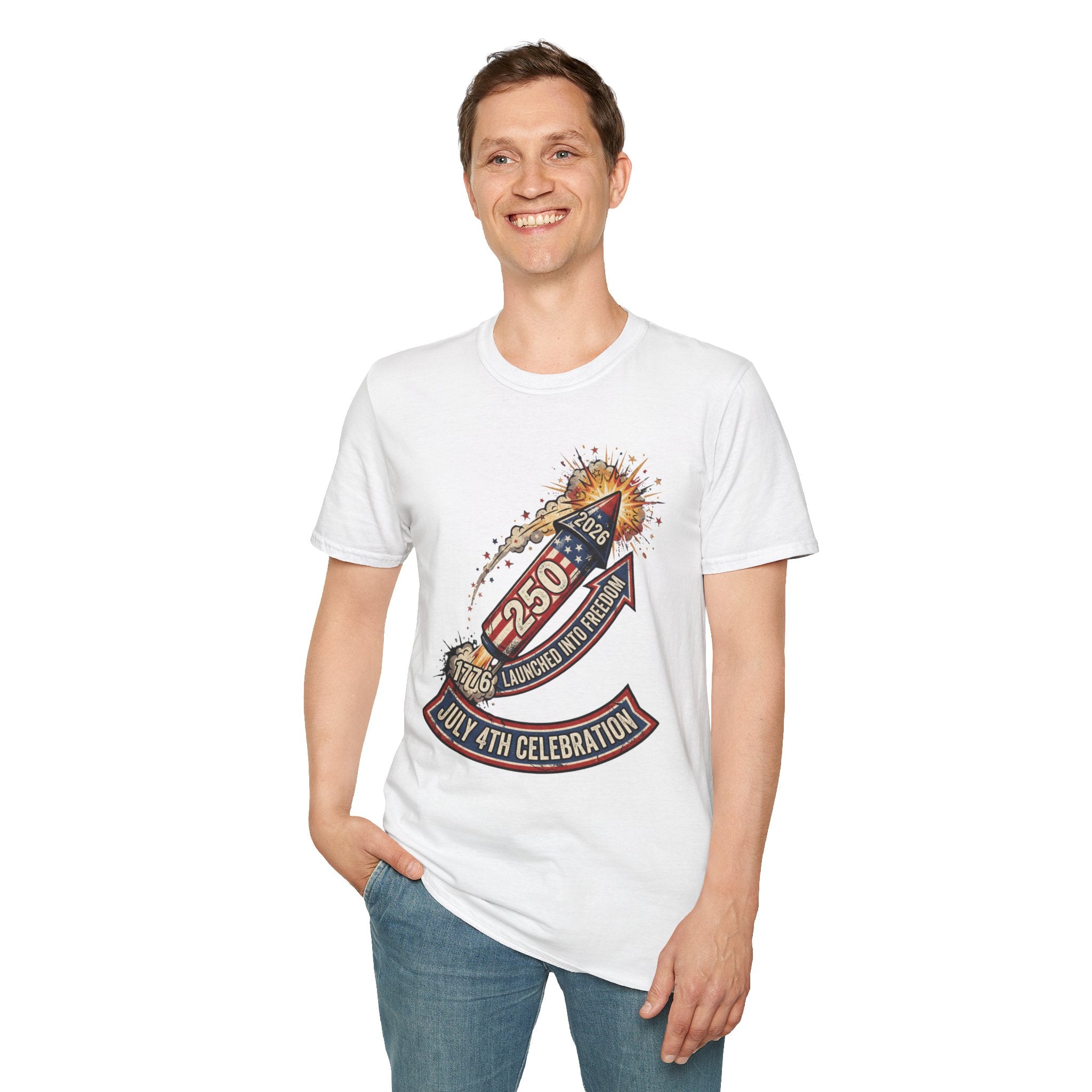 July 4th Rocket Firework T-Shirt — 250th American Independence Celebration Tee