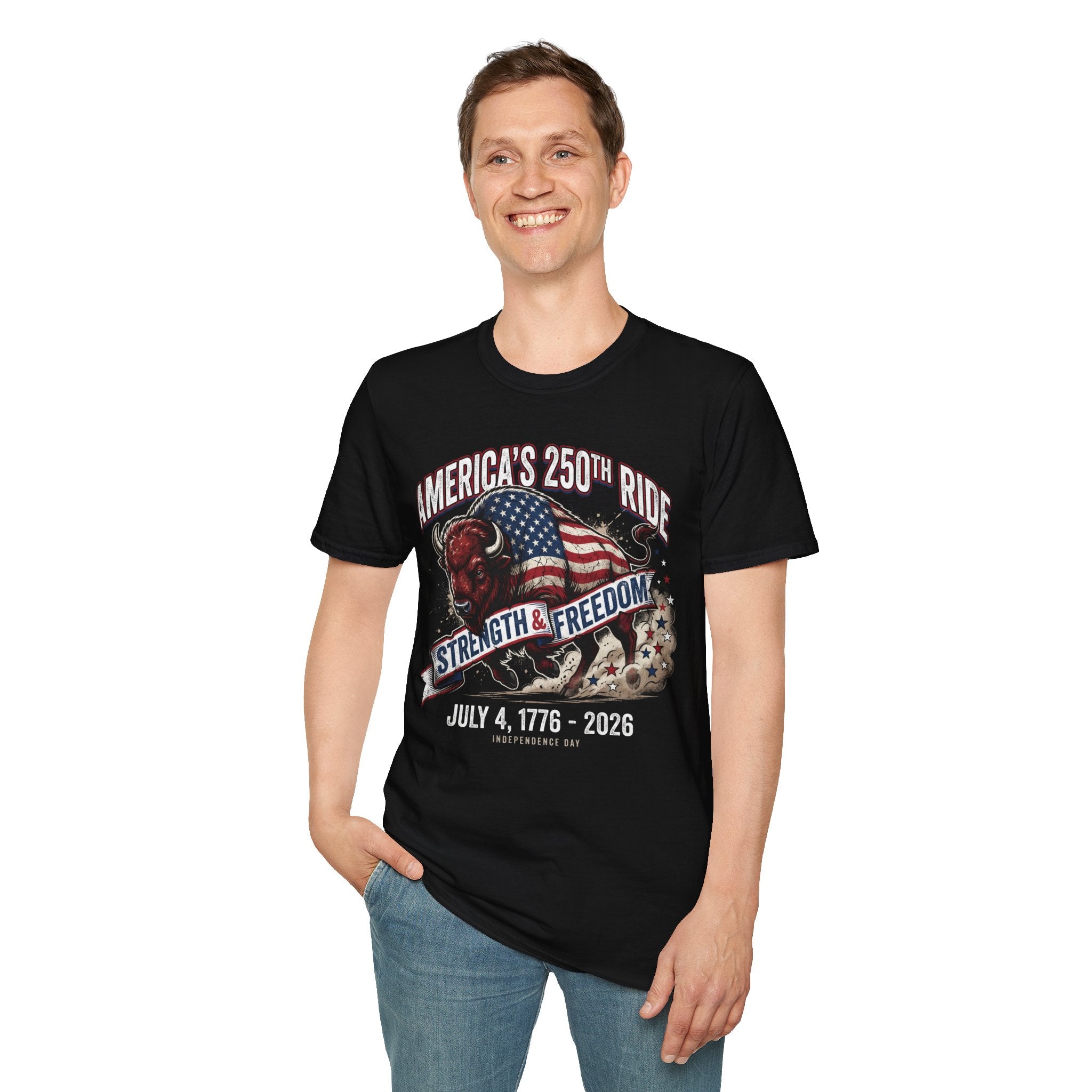 America's 250th Ride T-Shirt – Strength & Freedom Patriotic Buffalo Tee