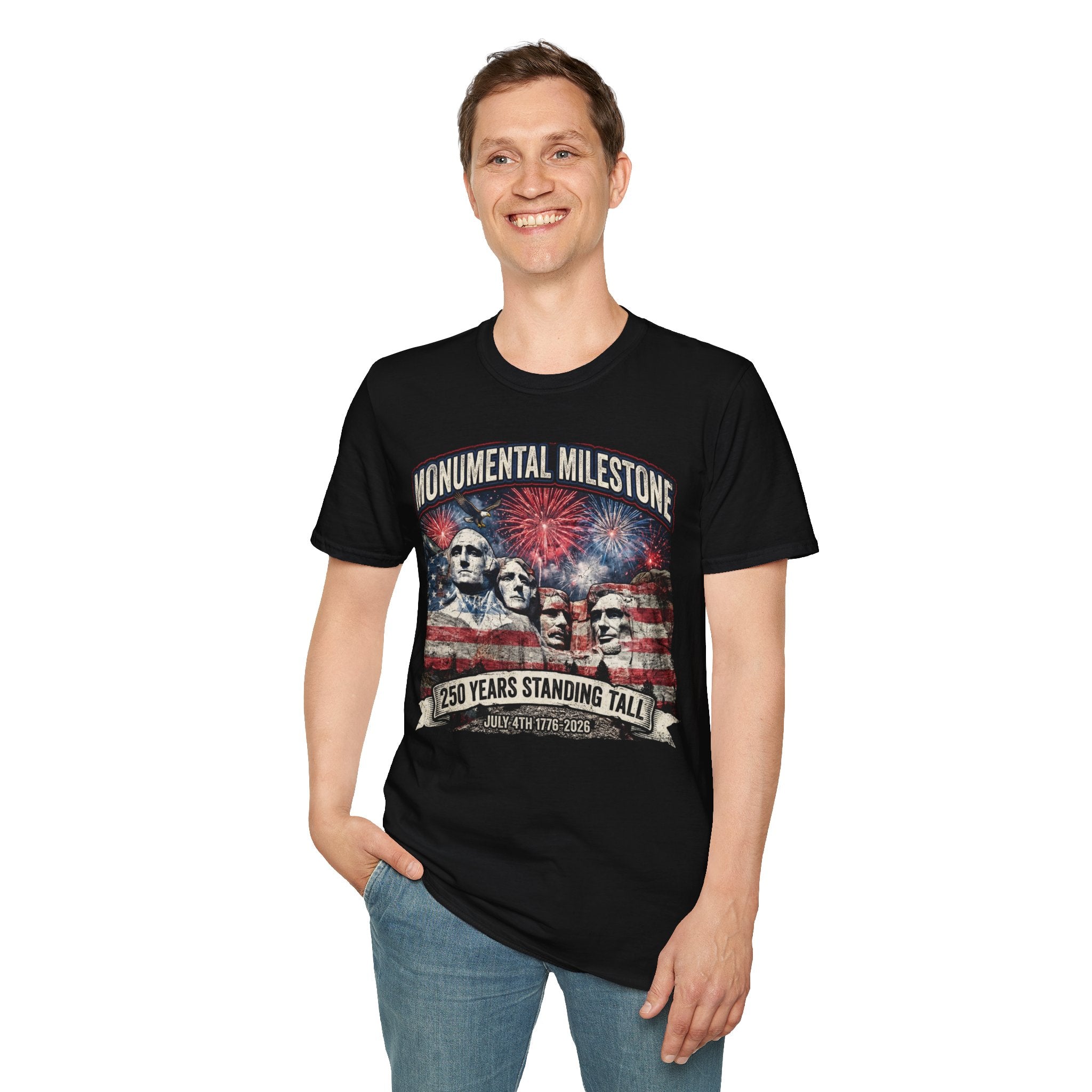 Mount Rushmore 250th Anniversary T-Shirt – "Monumental Milestone" Patriotic Fireworks Tee