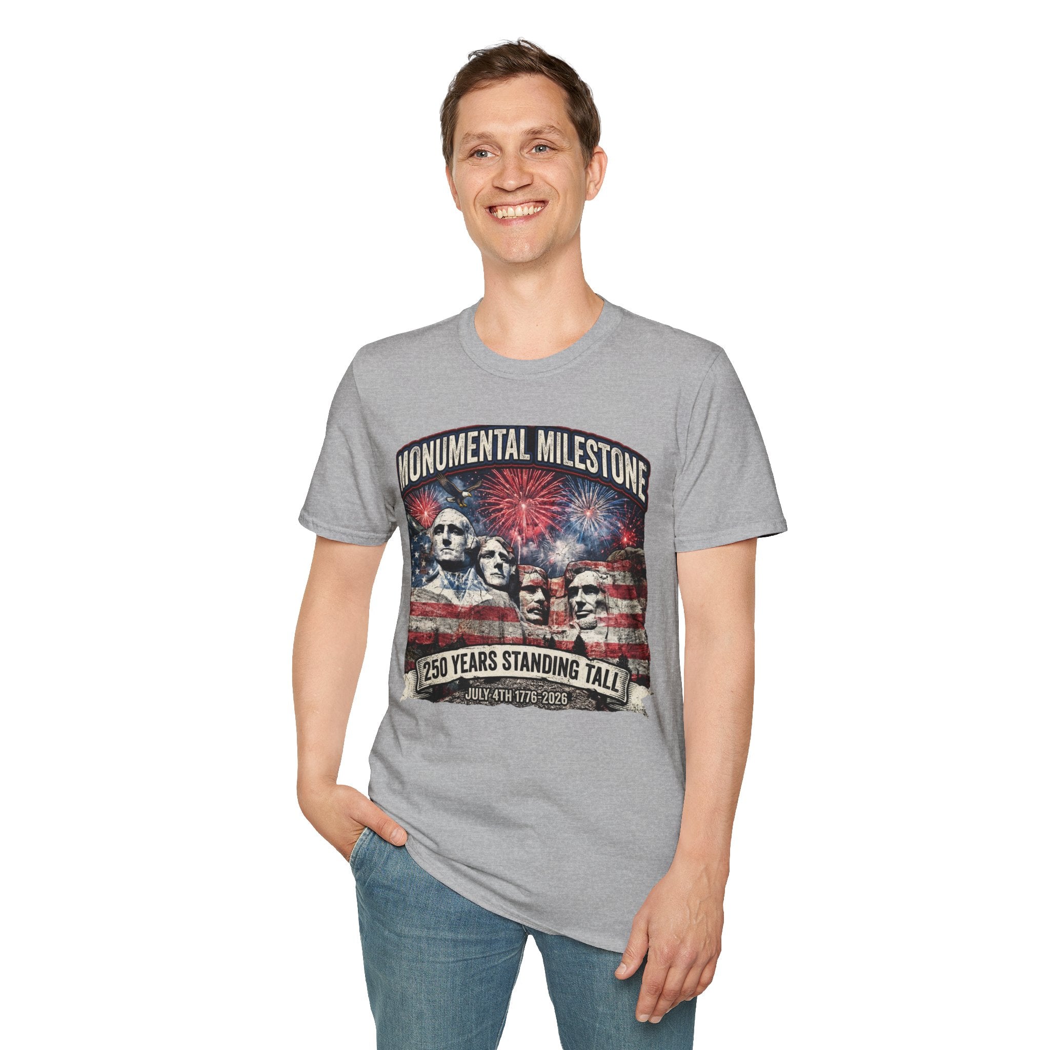 Mount Rushmore 250th Anniversary T-Shirt – "Monumental Milestone" Patriotic Fireworks Tee