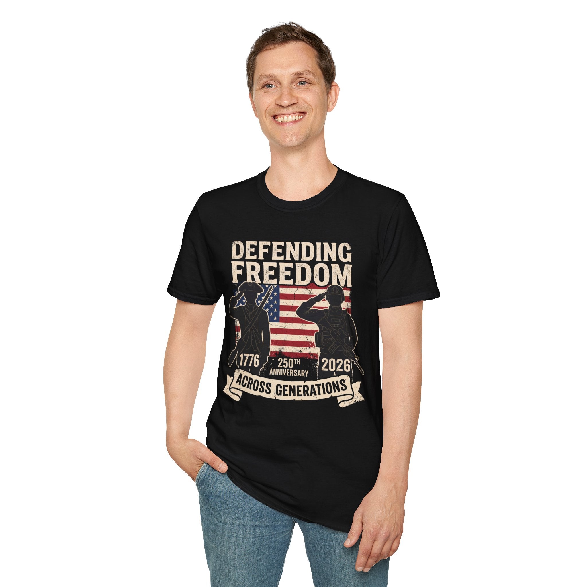 Defending Freedom T-Shirt — Patriotic Salute 1776–2026 American Flag Tee