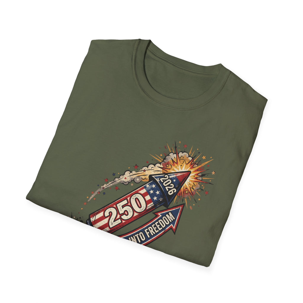 July 4th Rocket Firework T-Shirt — 250th American Independence Celebration Tee