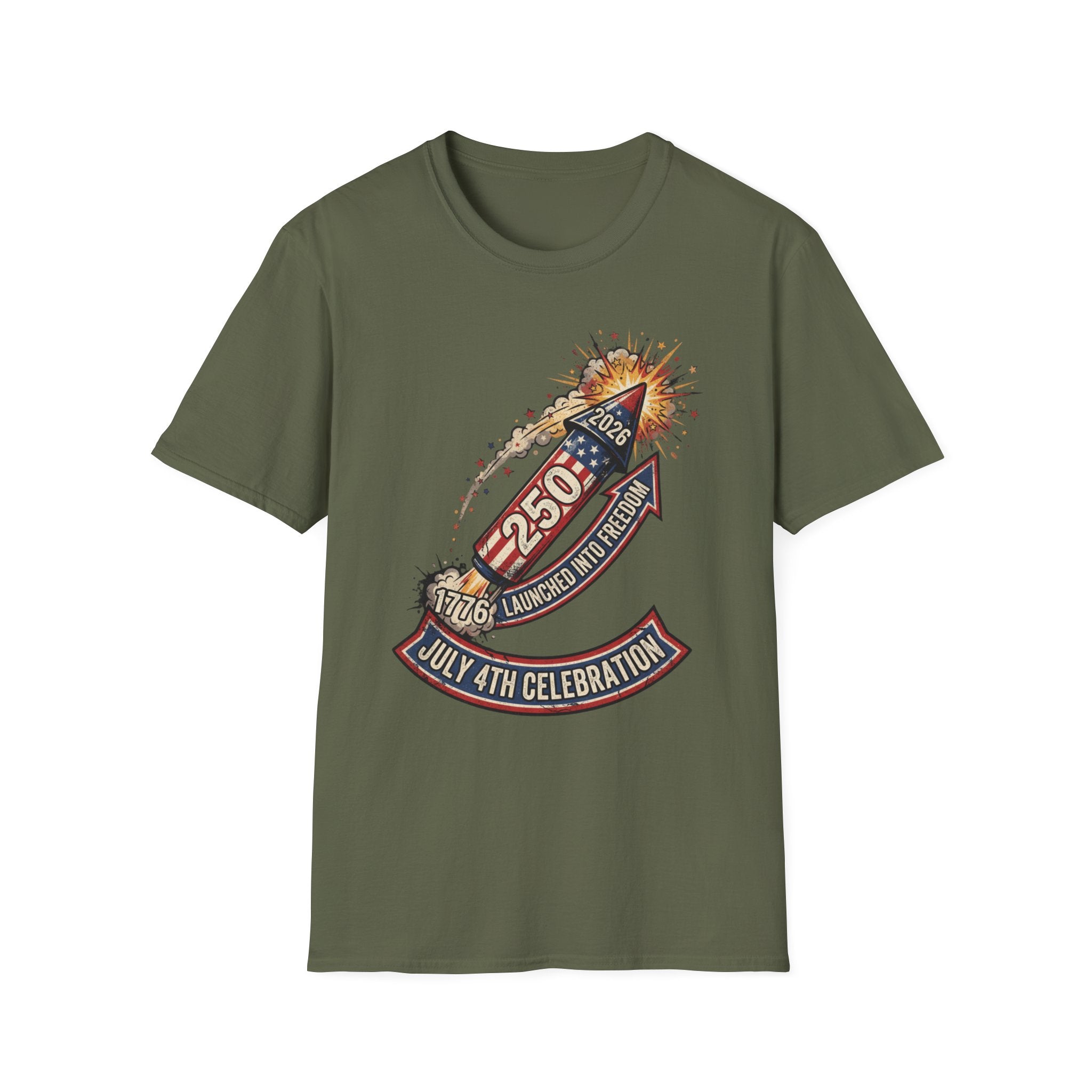 July 4th Rocket Firework T-Shirt — 250th American Independence Celebration Tee