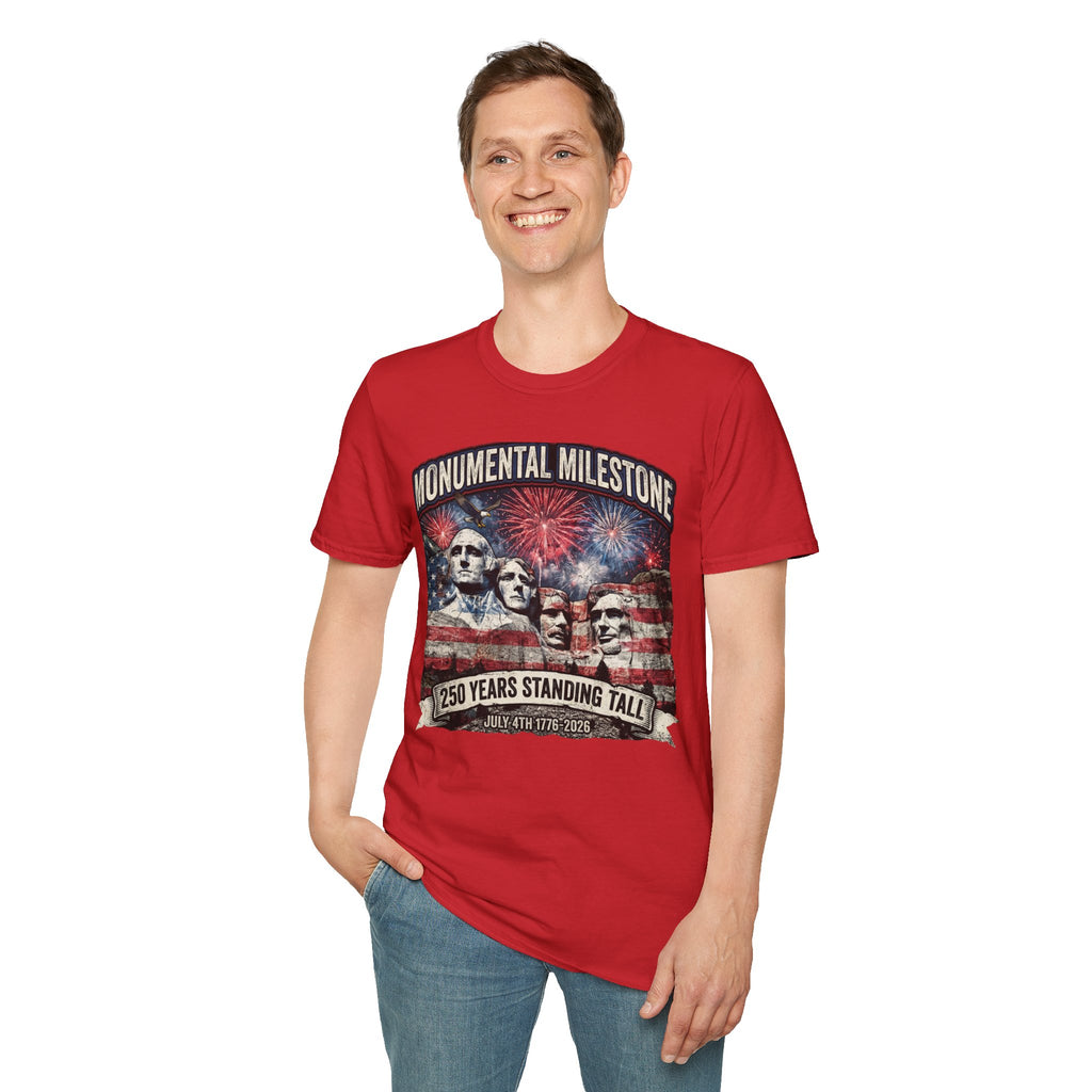 Mount Rushmore 250th Anniversary T-Shirt – "Monumental Milestone" Patriotic Fireworks Tee
