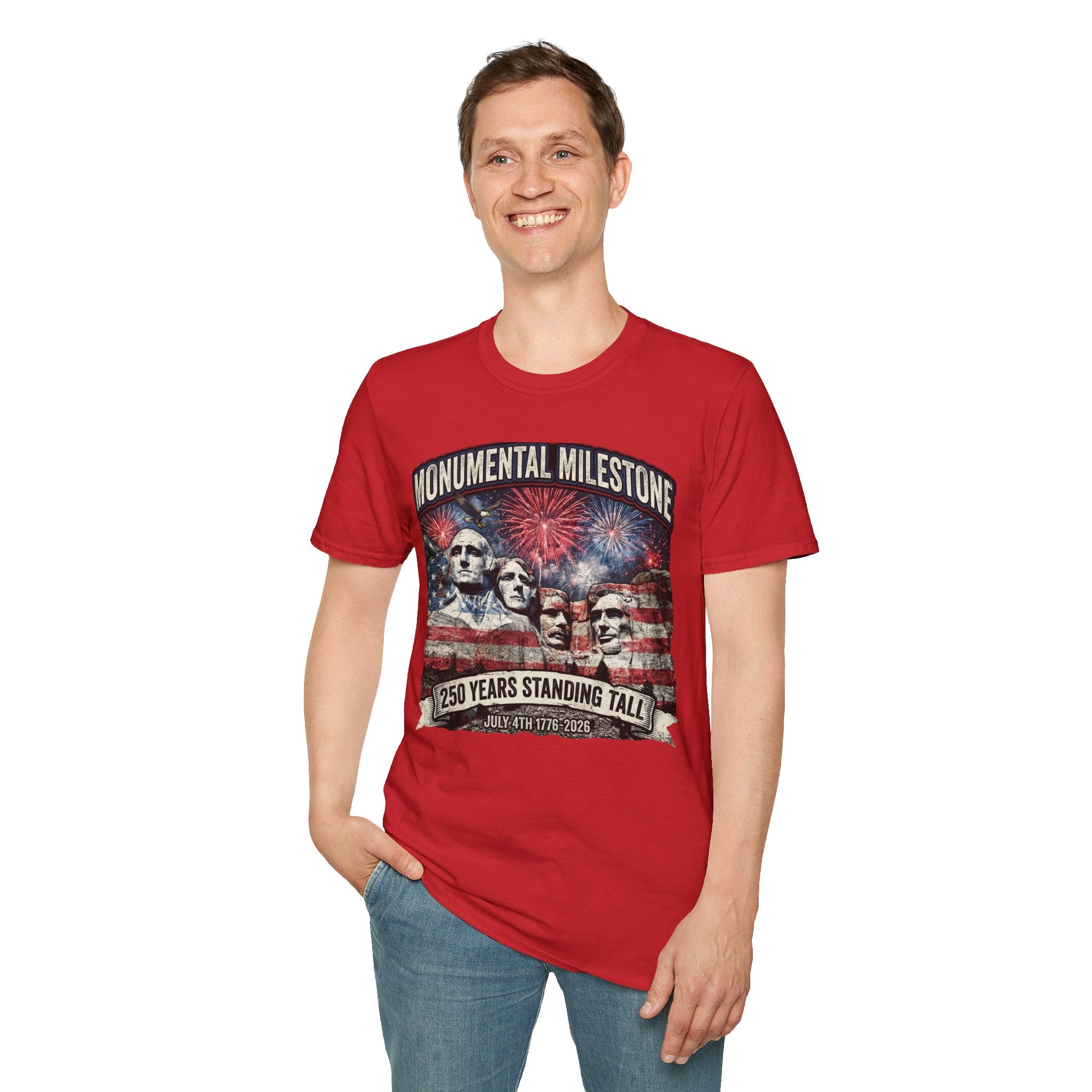 Mount Rushmore 250th Anniversary T-Shirt – "Monumental Milestone" Patriotic Fireworks Tee