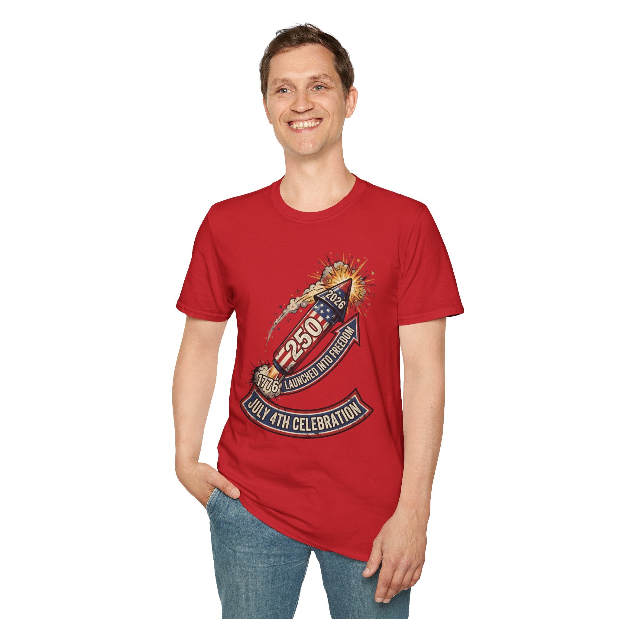 July 4th Rocket Firework T-Shirt — 250th American Independence Celebration Tee