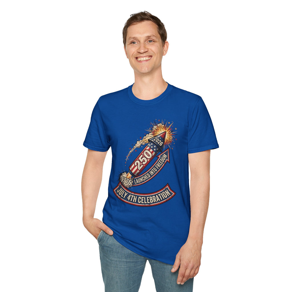 July 4th Rocket Firework T-Shirt — 250th American Independence Celebration Tee