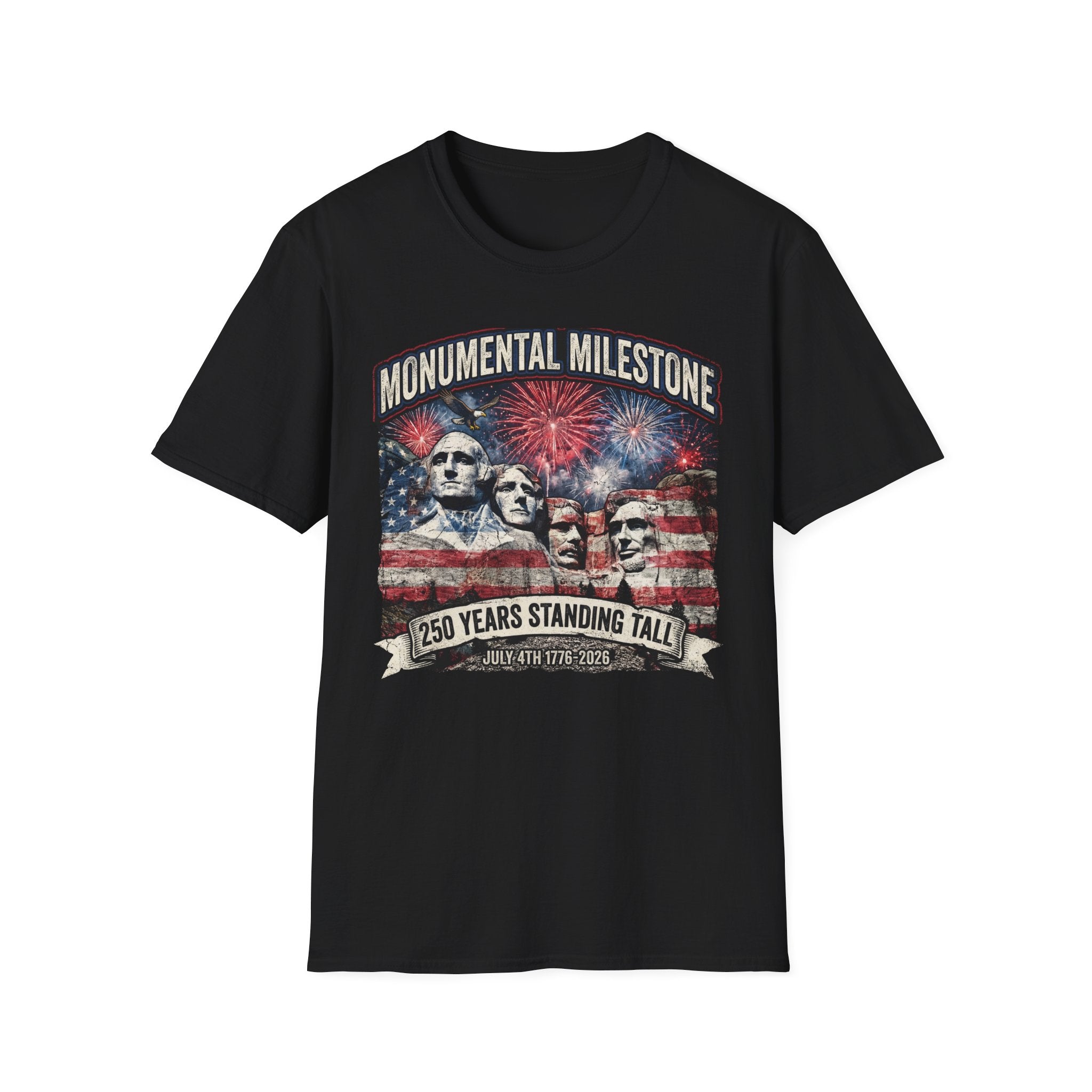 Mount Rushmore 250th Anniversary T-Shirt – "Monumental Milestone" Patriotic Fireworks Tee
