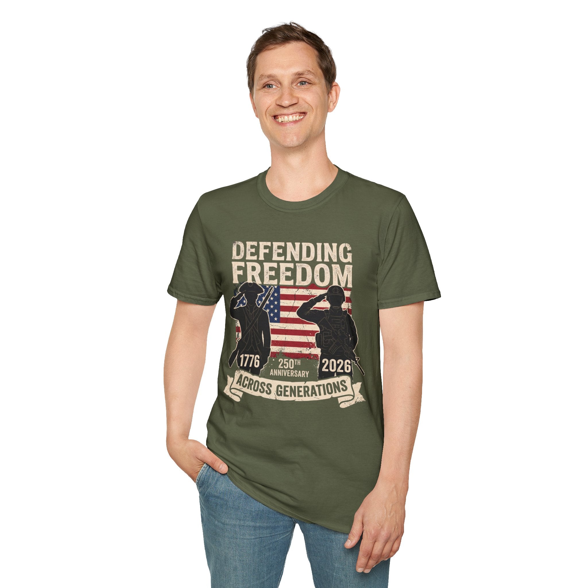 Defending Freedom T-Shirt — Patriotic Salute 1776–2026 American Flag Tee